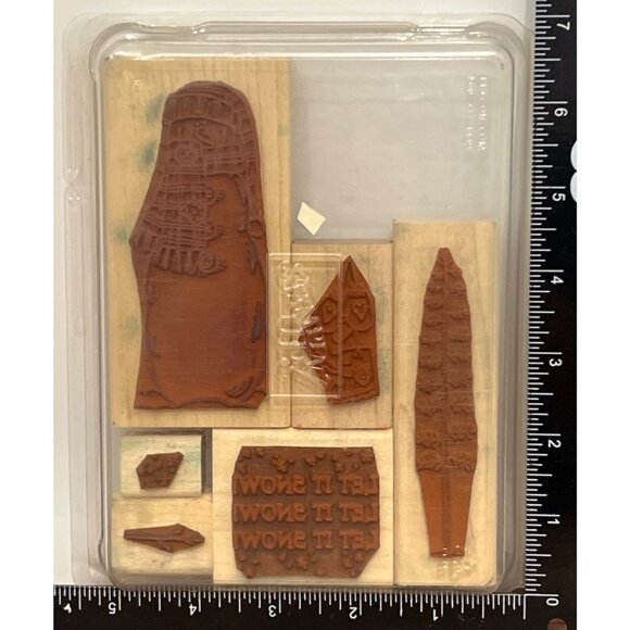 HTF VINTAGE Stampin Up! Let It Snow WOOD MOUNTED Rubber Stamp Set SNOWMAN TREE - Picture 3 of 5